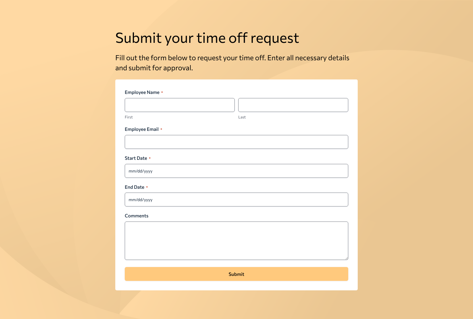 Screenshot of Time Off Request Form Template with fields for leave type, dates, and approval buttons.