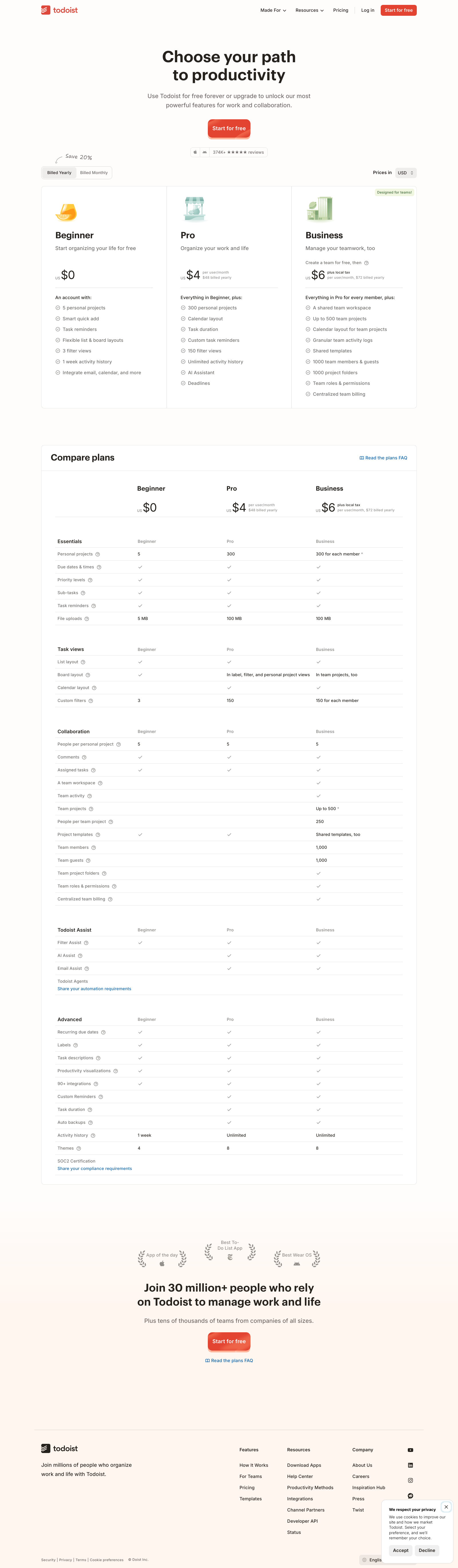 Todoist Pricing Landing Page Example