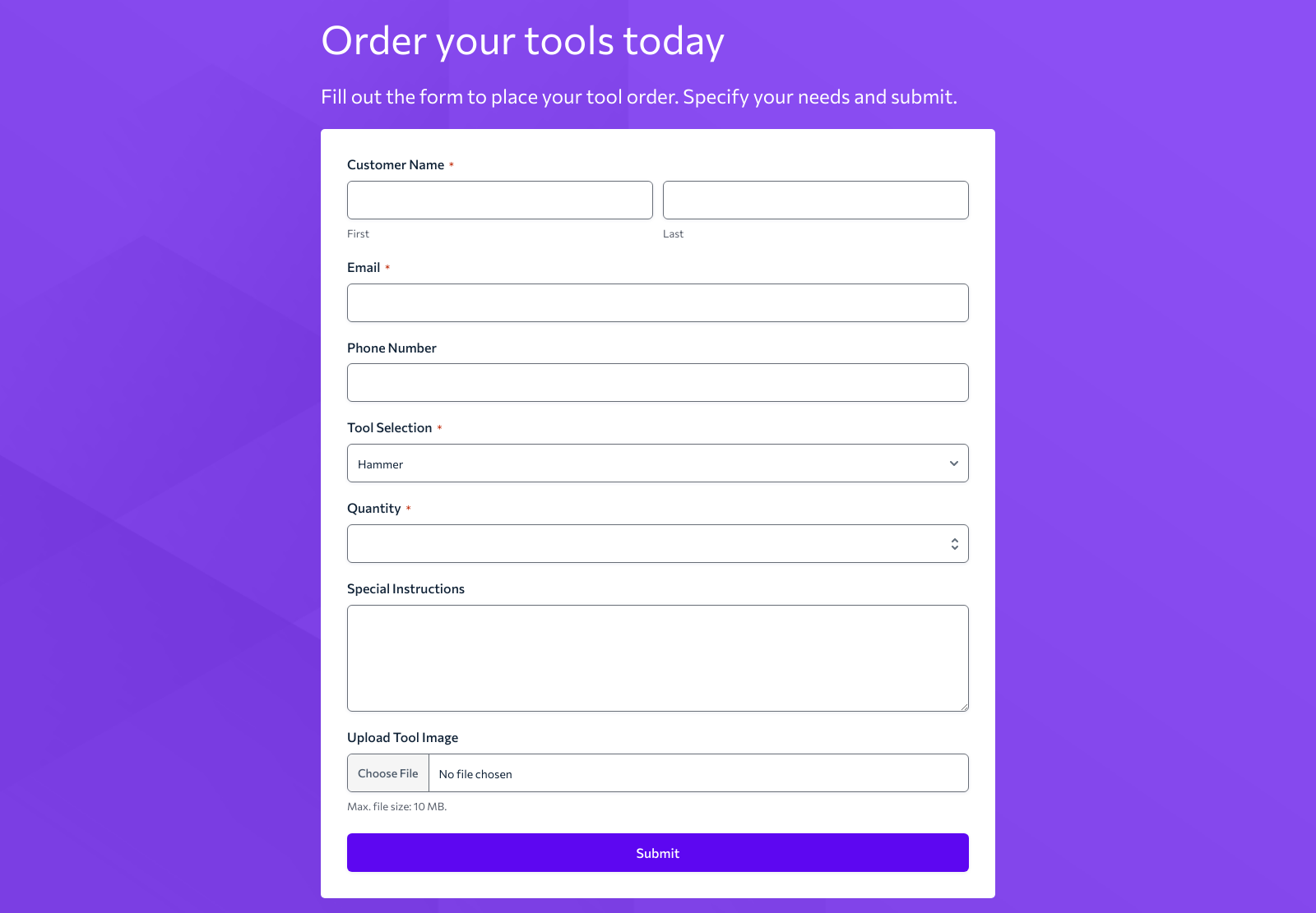 Tool Order Form Template showing fields for tool selection, quantity, and customer details with submission button.