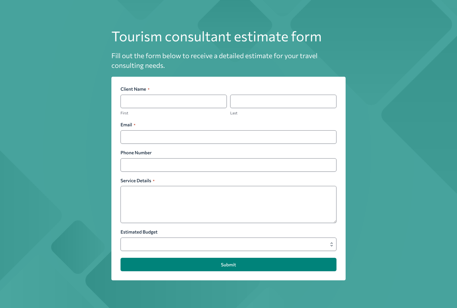 Tourism Consultant Estimate Form Template with fields for quotes and client details, featuring buttons and a user-friendly layout.