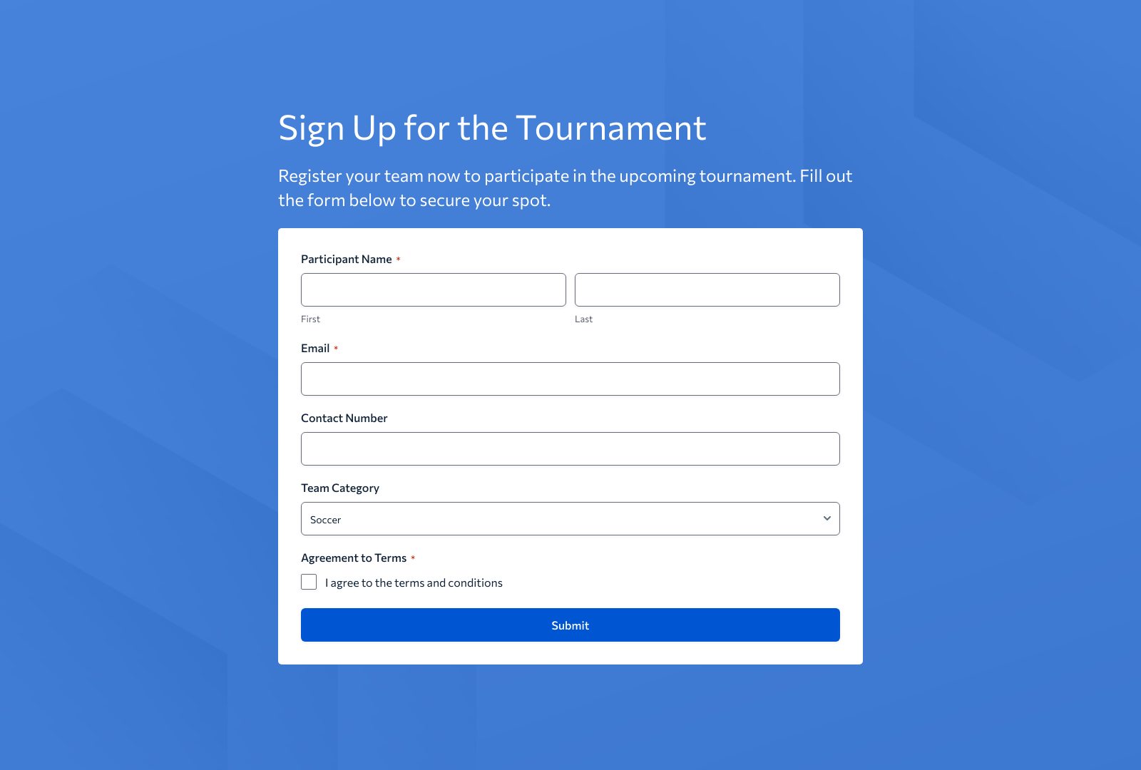 Tournament Registration Form Template with fields for player and team details, enhancing event planning.