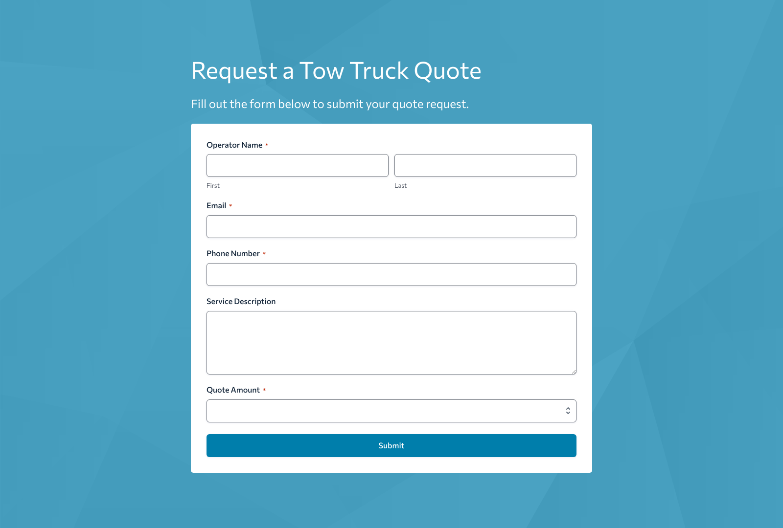 Tow Truck Operator Quote Form Template with fields for operator details and quote information.