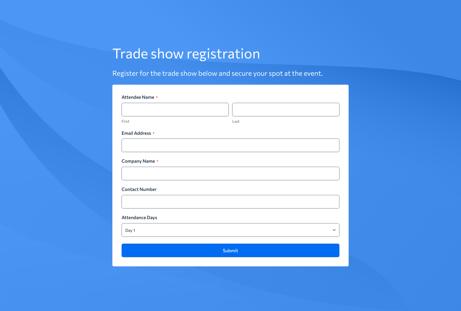 Trade Show Registration Form Template with fields for attendee details and submit button.