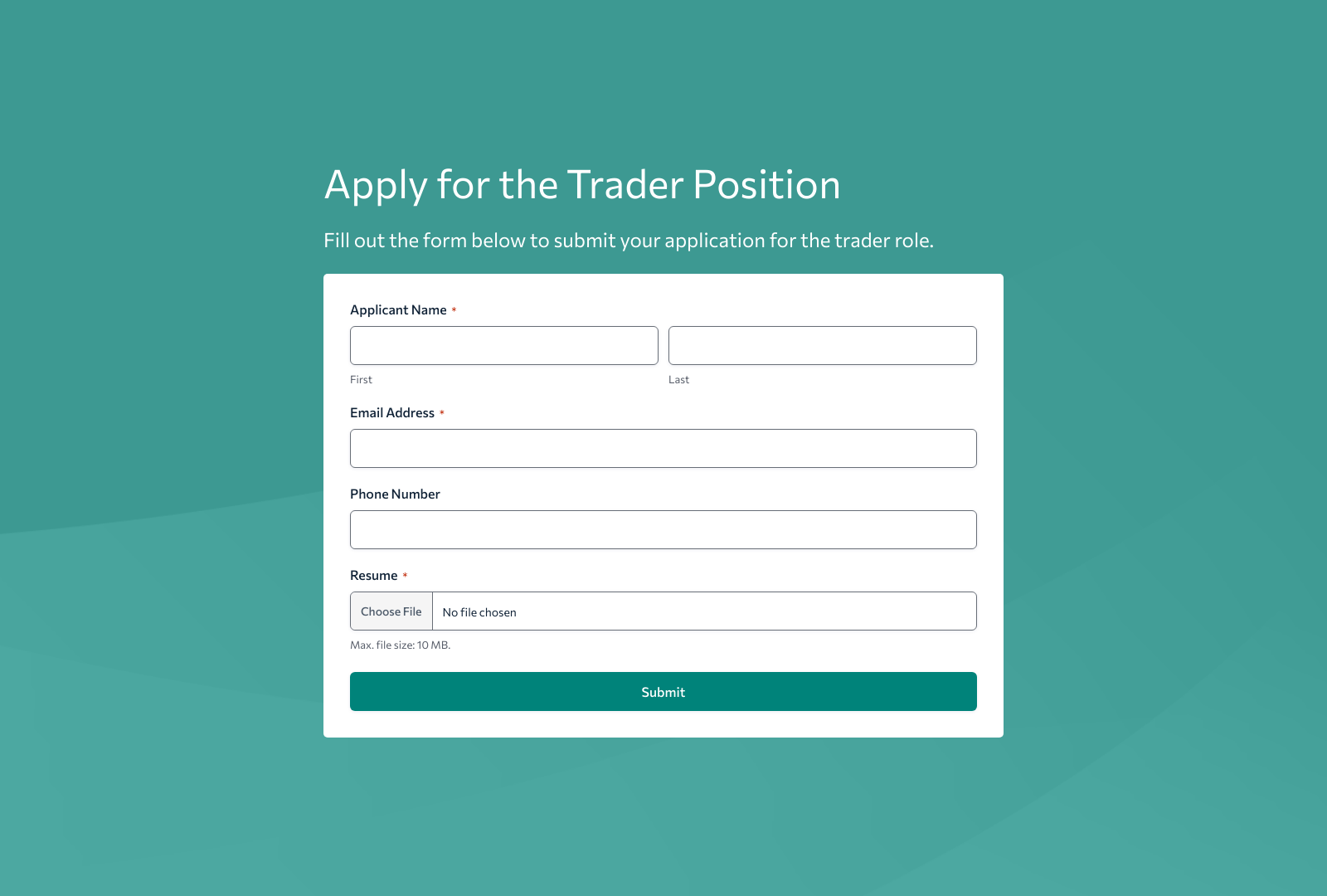 Trader Job Application Form Template with fields for personal details, experience, and qualifications, plus a submit button.