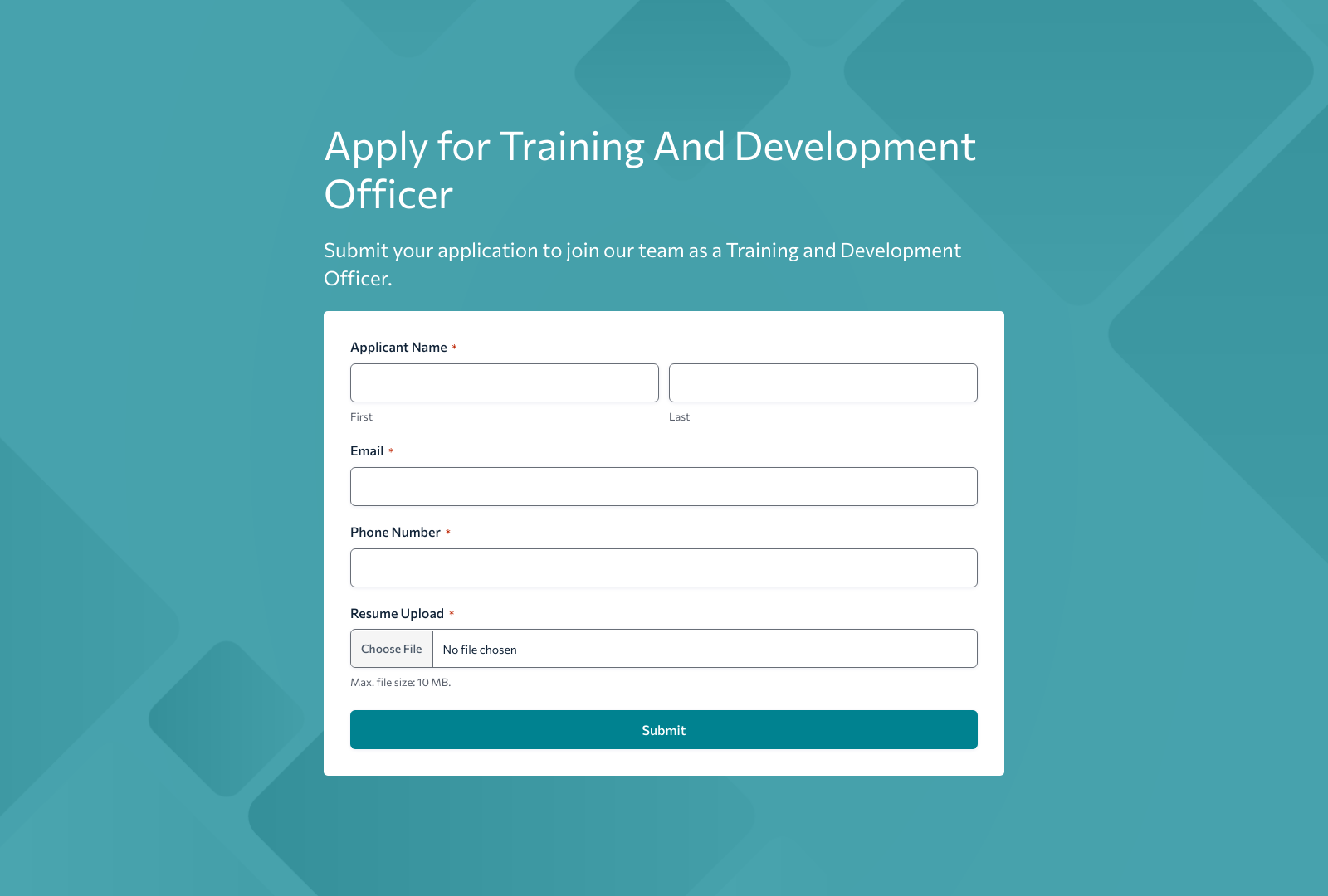 Training and Development Officer job application form with fields for candidate information and submission button.