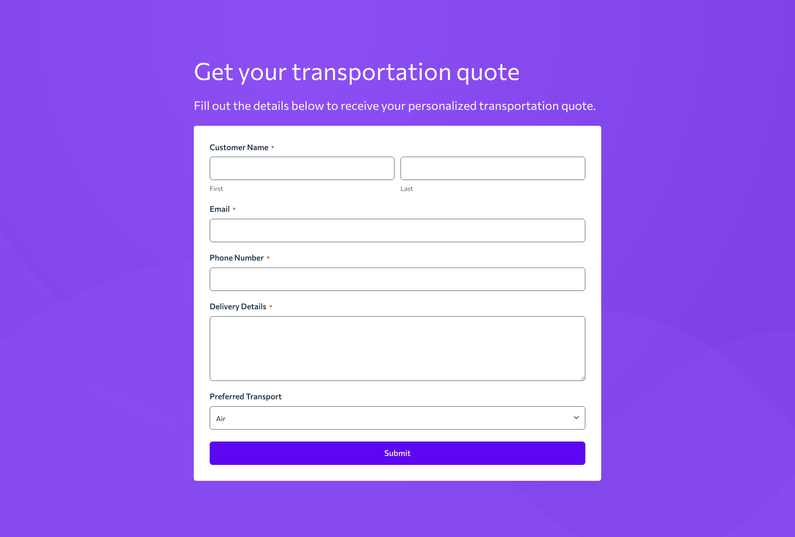 Screenshot of Transportation Quote Form Template with fields for customer details and delivery preferences.