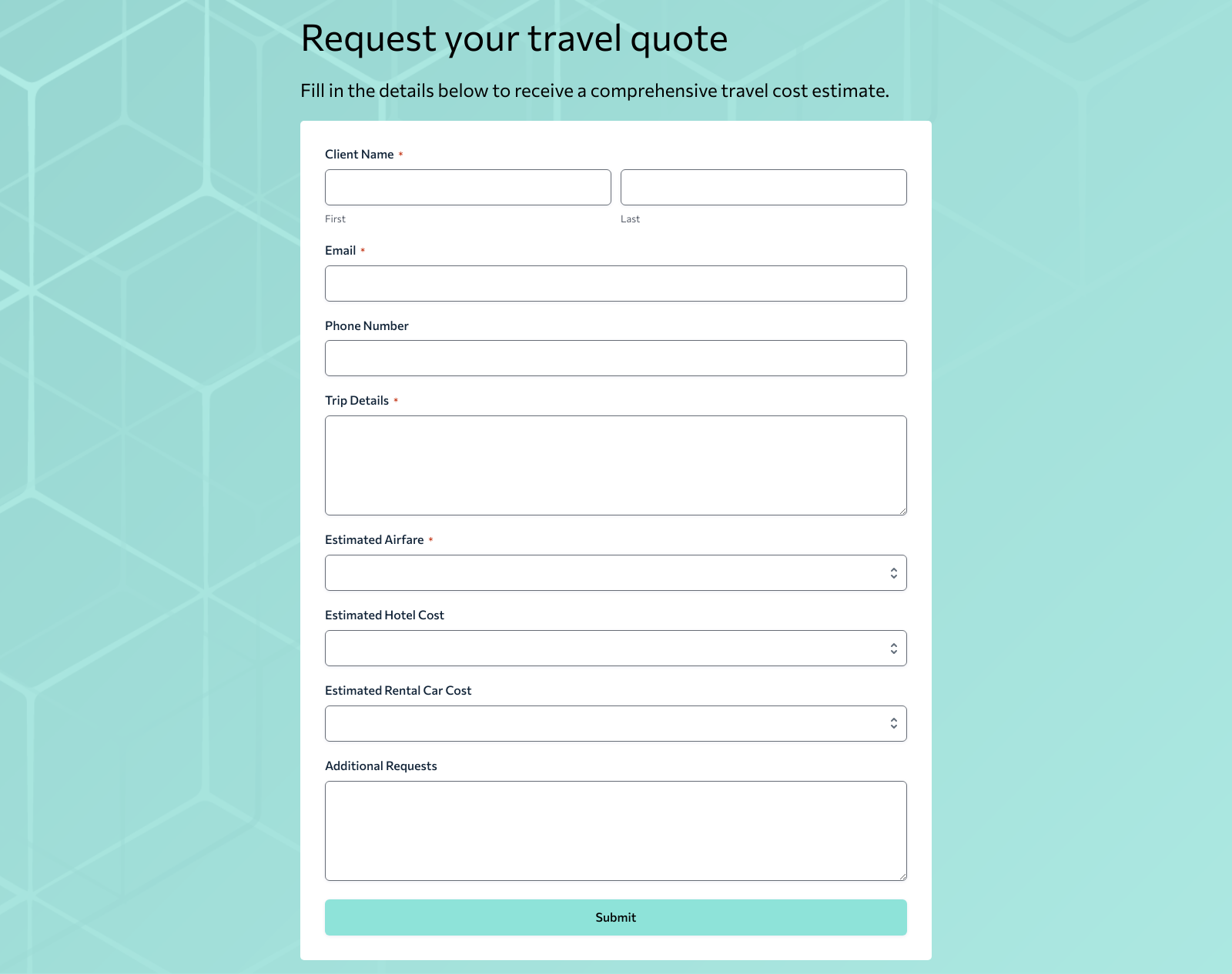 Travel Agent Quote Form Template with fields for airfare, hotel, and tax calculations.