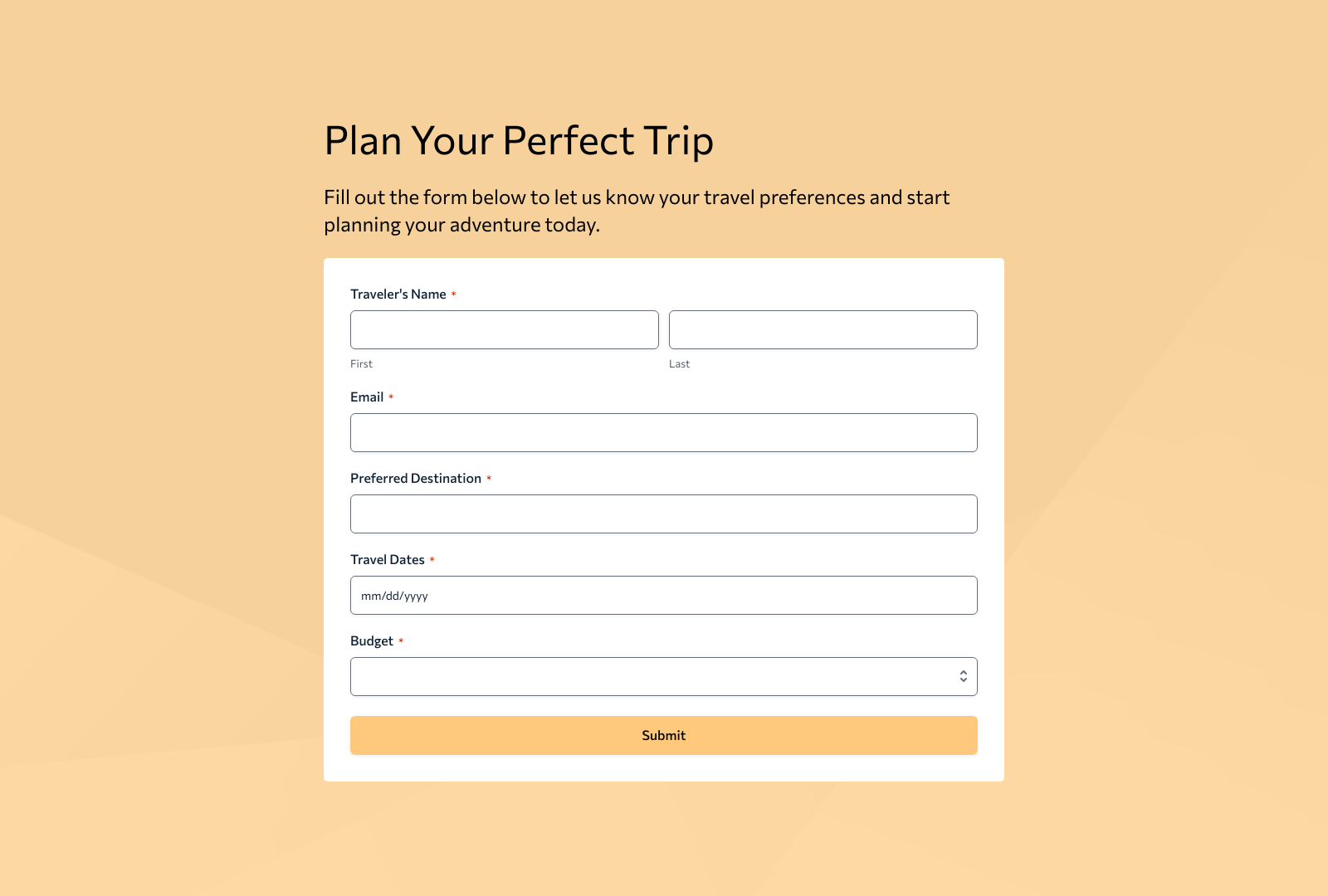 Travel Inquiry Form Template with fields for name, email, destination, and travel dates.
