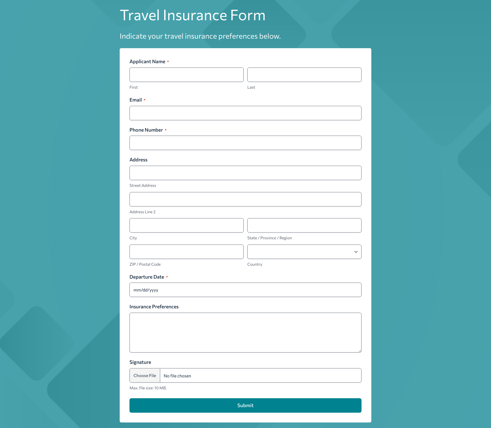 Travel Insurance Form Template with fields for contact info, travel dates, and submit button.