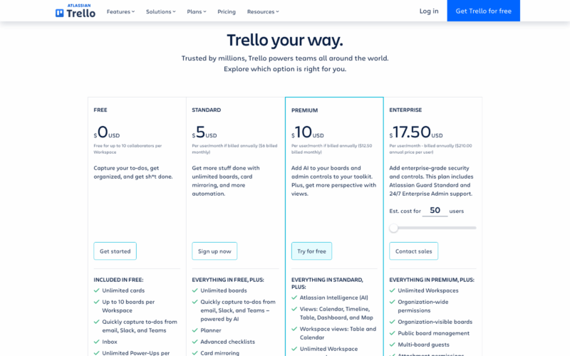 Trello Pricing Landing Page Example