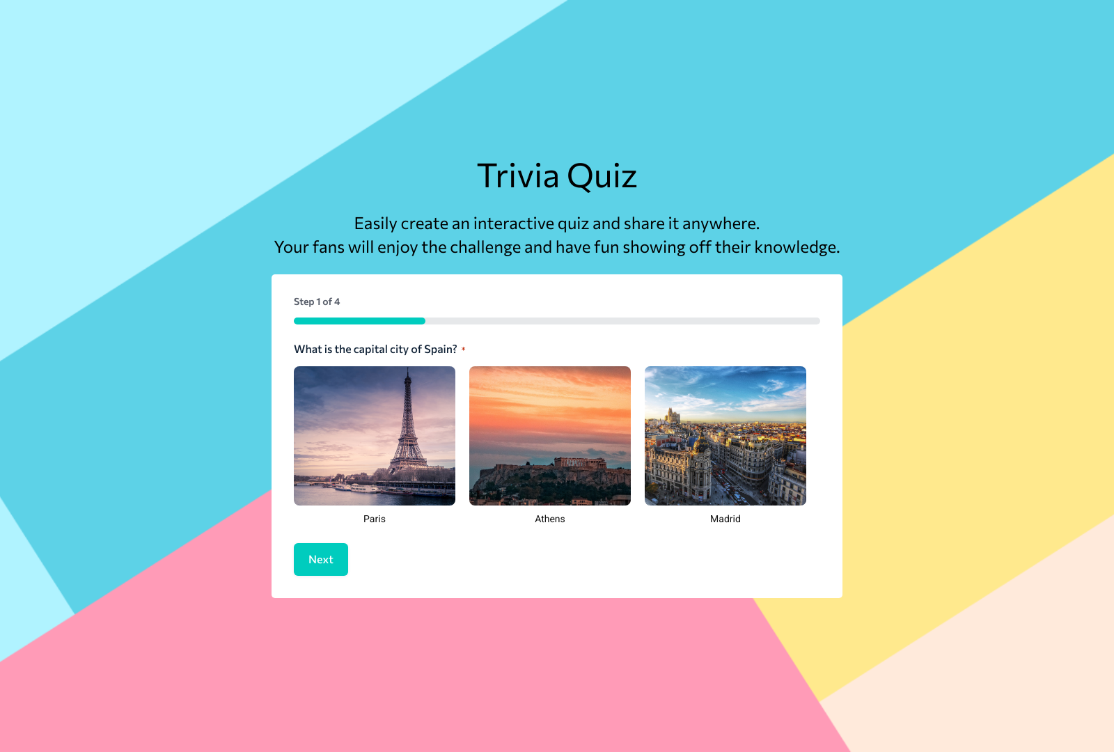 Screenshot of the Trivia Quiz Template with question fields and submit button.