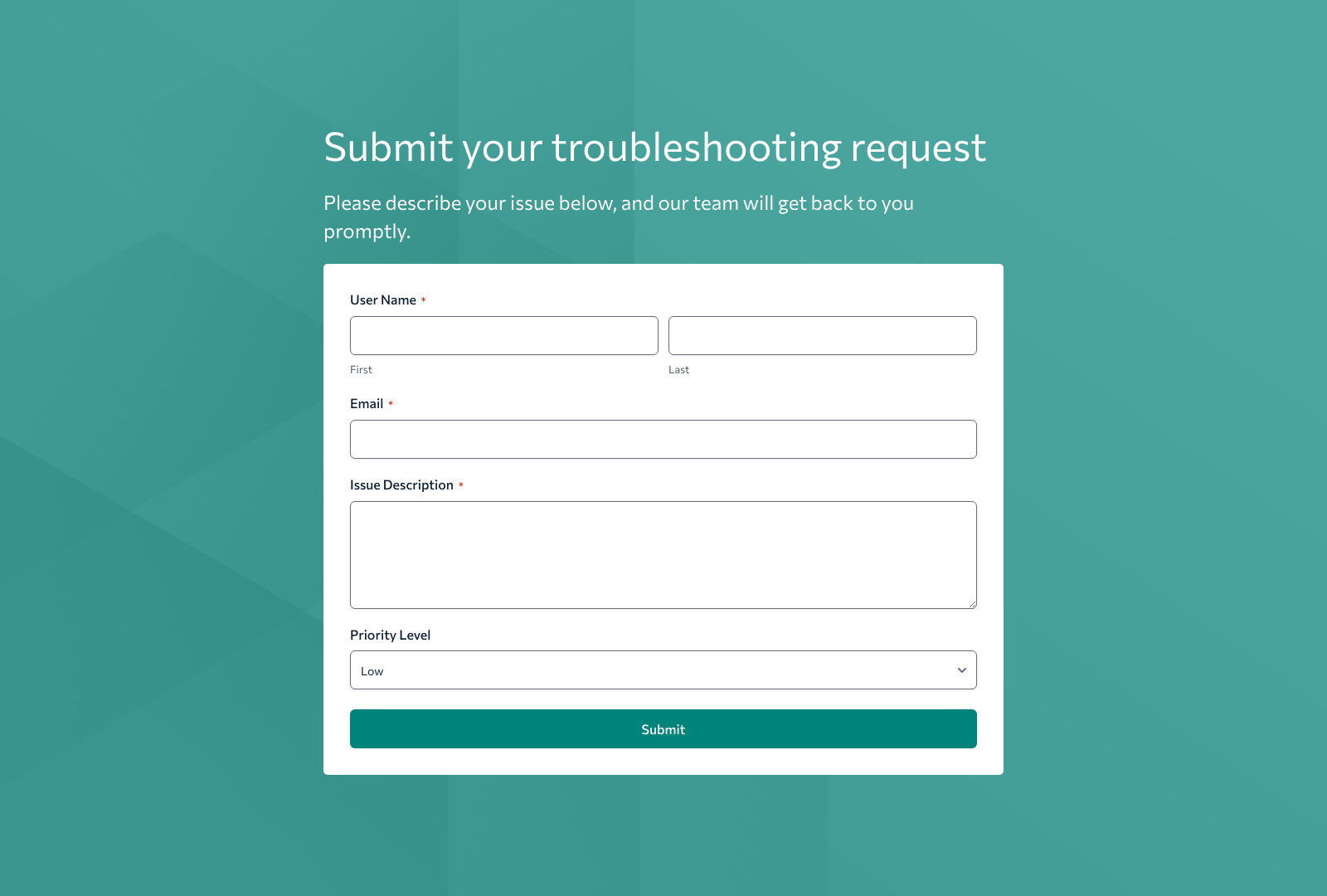 Troubleshooting Form Template with fields for user issues, contact info, and submit button.