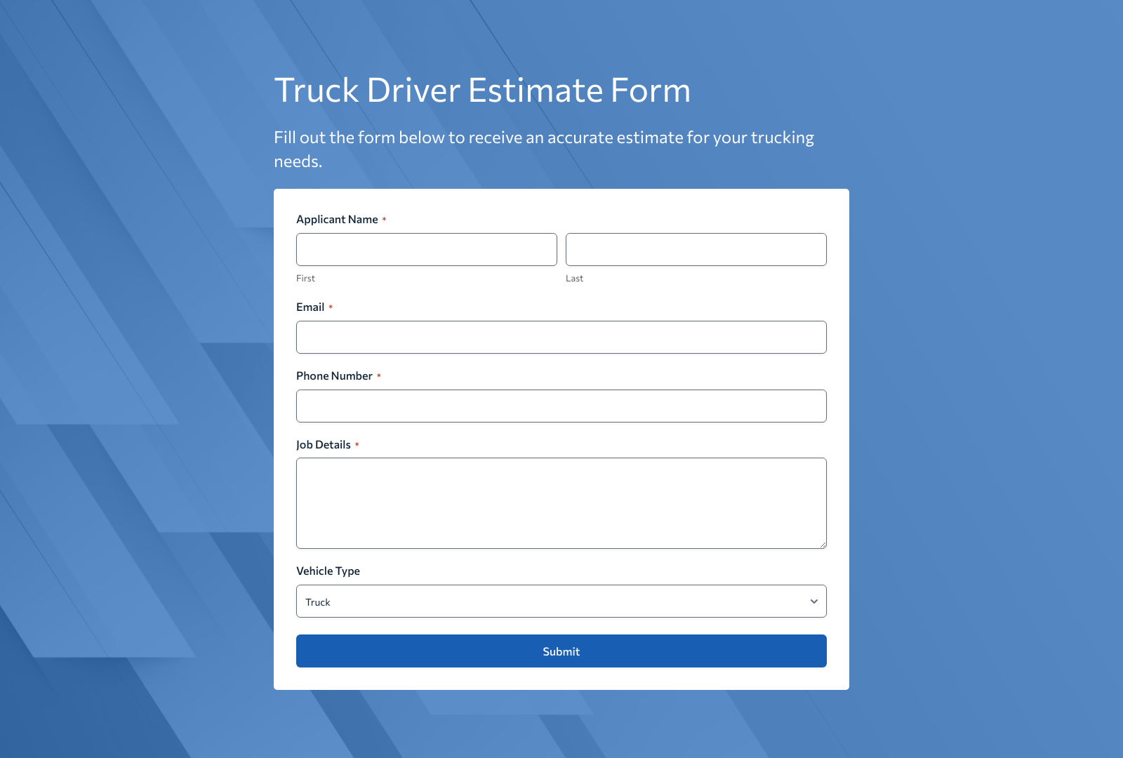 Truck Driver Estimate Form Template with fields for client info and cost details.