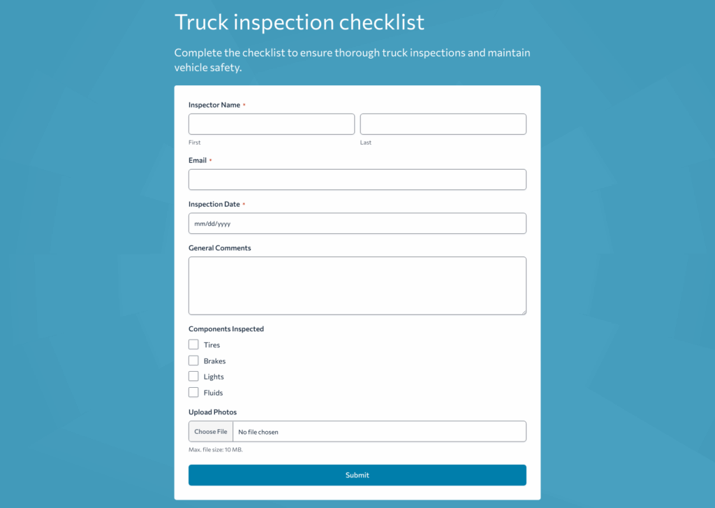 Truck Inspection Checklist Form Template – Woorise