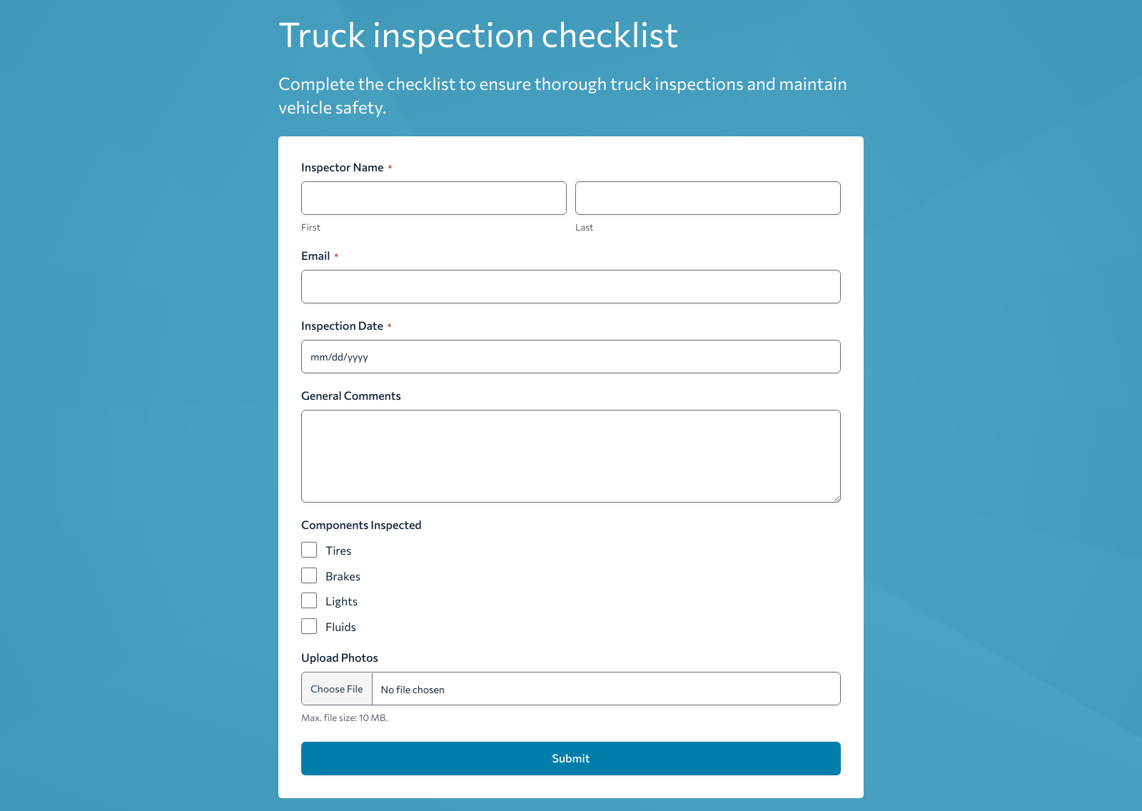 Truck Inspection Checklist Form Template with fields and buttons for vehicle inspection setup.