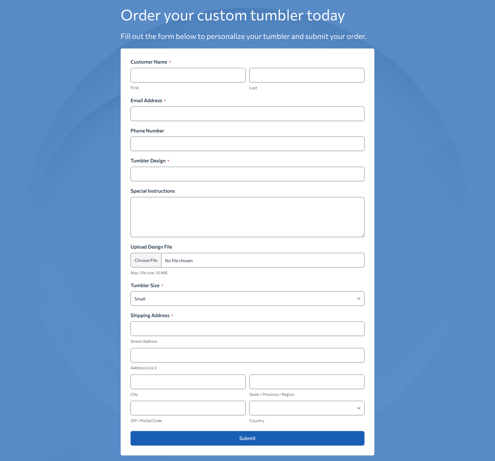 Screenshot of Tumbler Order Form Template with fields for customization and order tracking buttons.