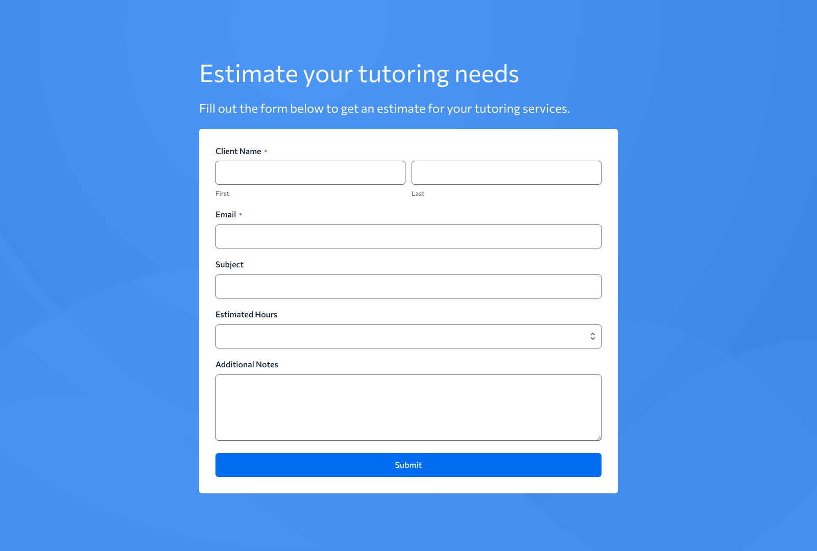Tutor Estimate Form Template with input fields and submit button for service estimates.