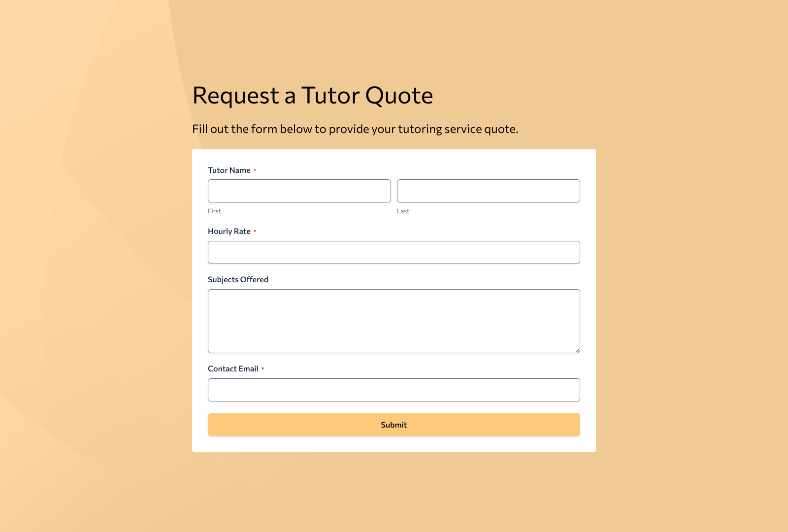 Tutor Quote Form Template with fields for name, email, subject, and quote details.