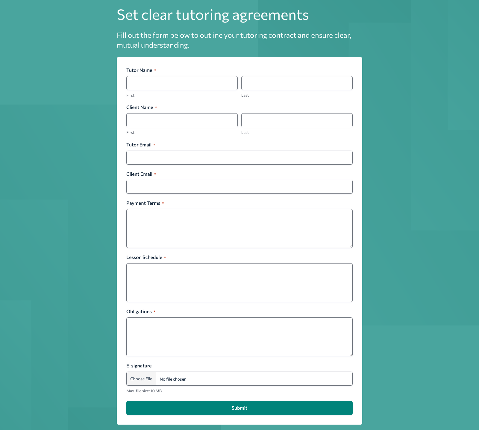 Tutoring Contract Form Template with customizable fields for payment, schedule, and obligations.