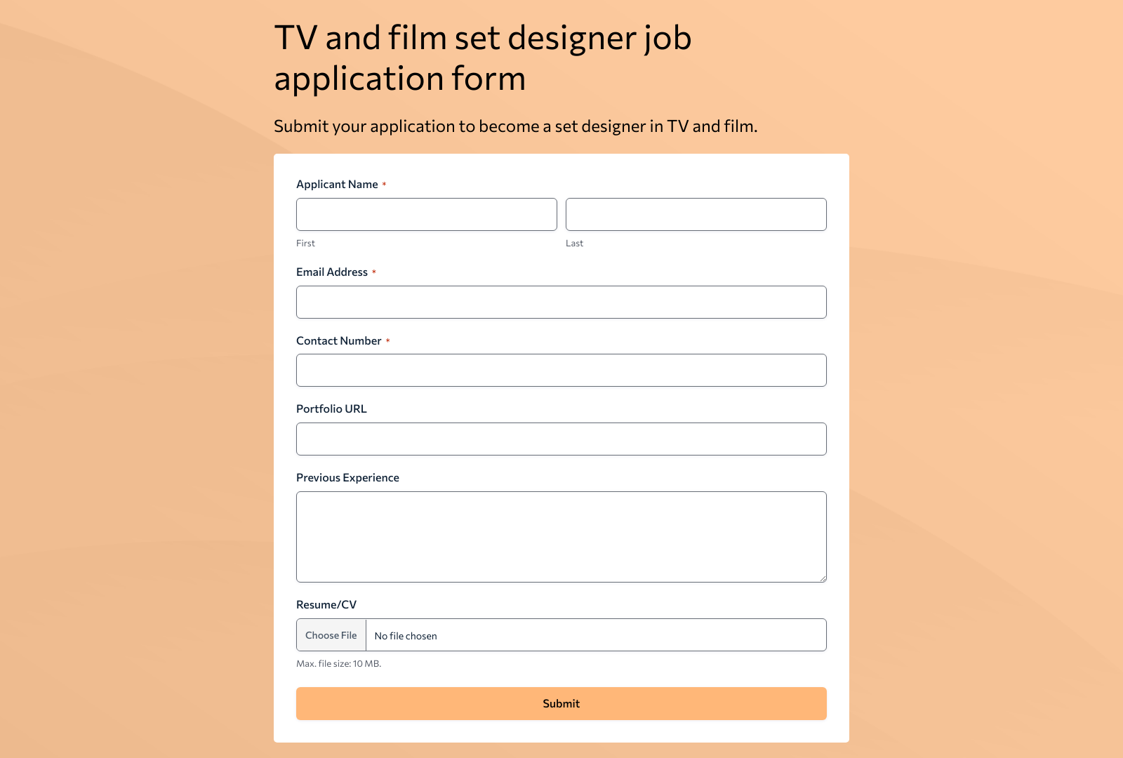 TV And Film Set Designer Job Application Form Template with fields for personal info, experience, and portfolio links.