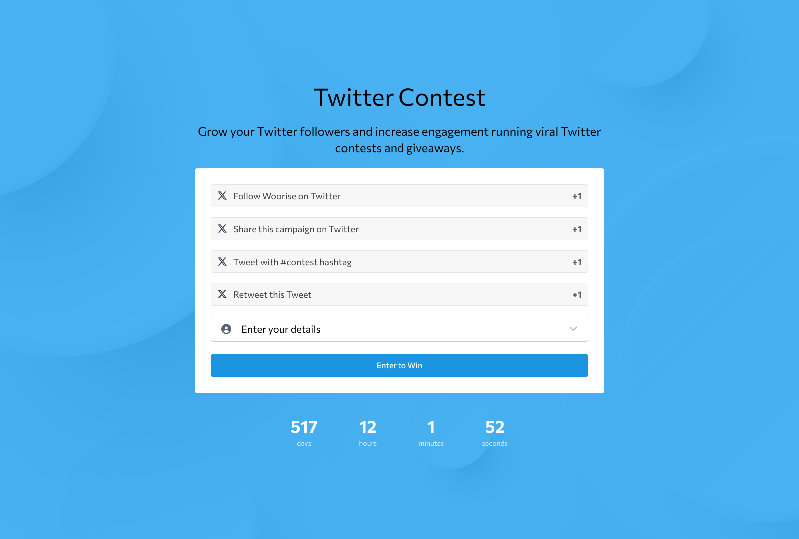 Twitter Contest Template with fields for entry details, Twitter handle, and submit button.