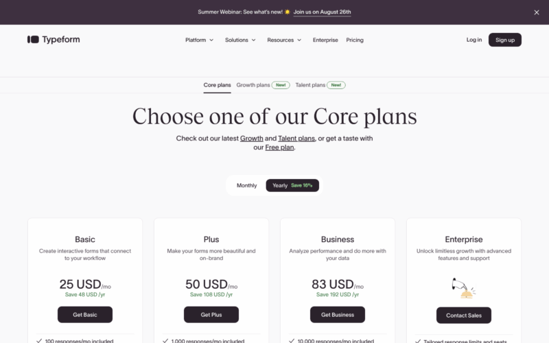 Typeform Pricing Landing Page Example