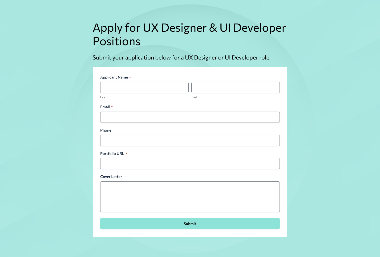 UX Designer & UI Developer Job Application Form Template with fields and buttons visible.