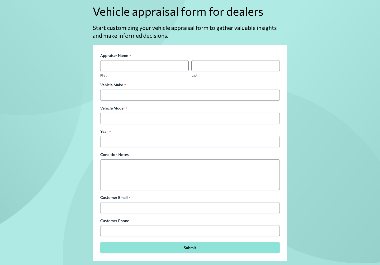 Screenshot of Vehicle Appraisal Form Template with fields for car details and condition assessment.