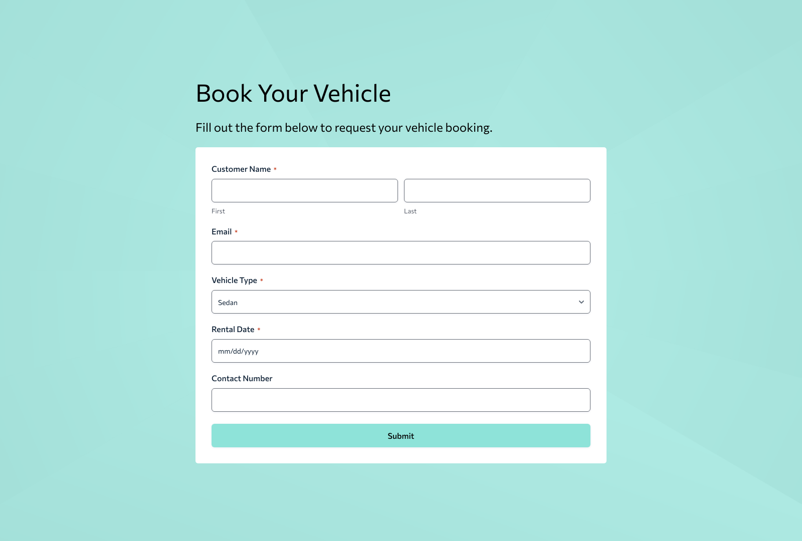 Vehicle Booking Form Template with fields for customer details, vehicle type, and booking date.