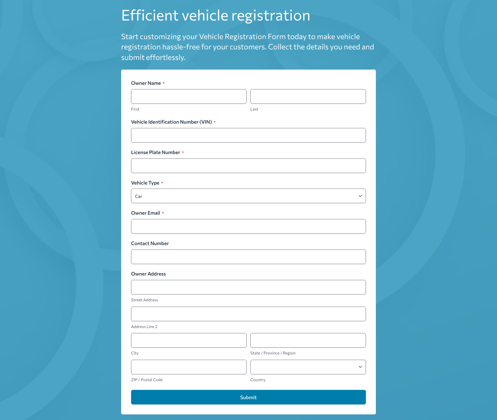 Vehicle Registration Form Template with fields for personal details, vehicle information, and submit button.