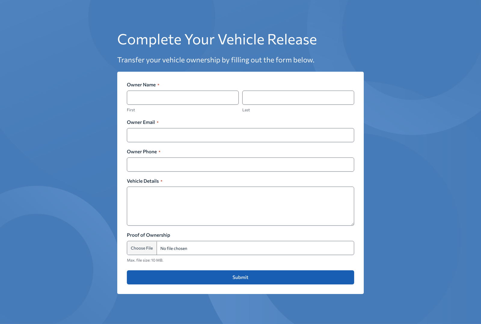 Vehicle Release Form Template with fields for owner details and transfer information.