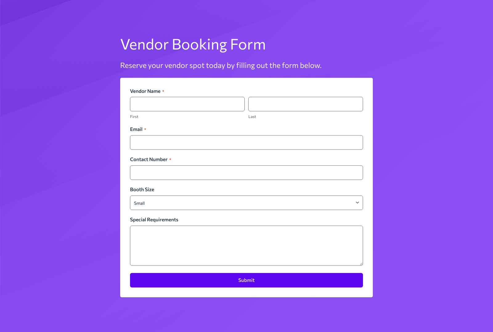 Vendor Booking Form Template with input fields and submit button.