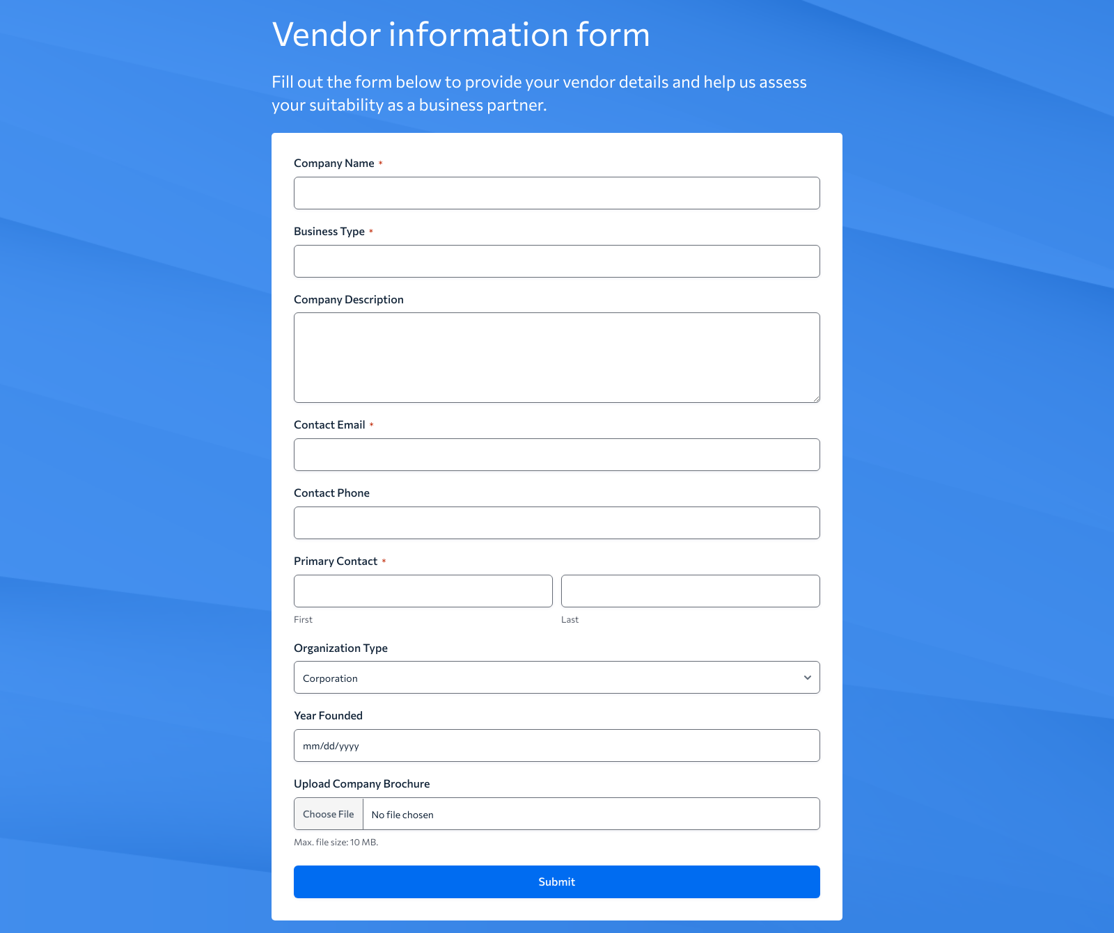 Vendor Information Form Template with fields for vendor details, ensuring accurate data collection.