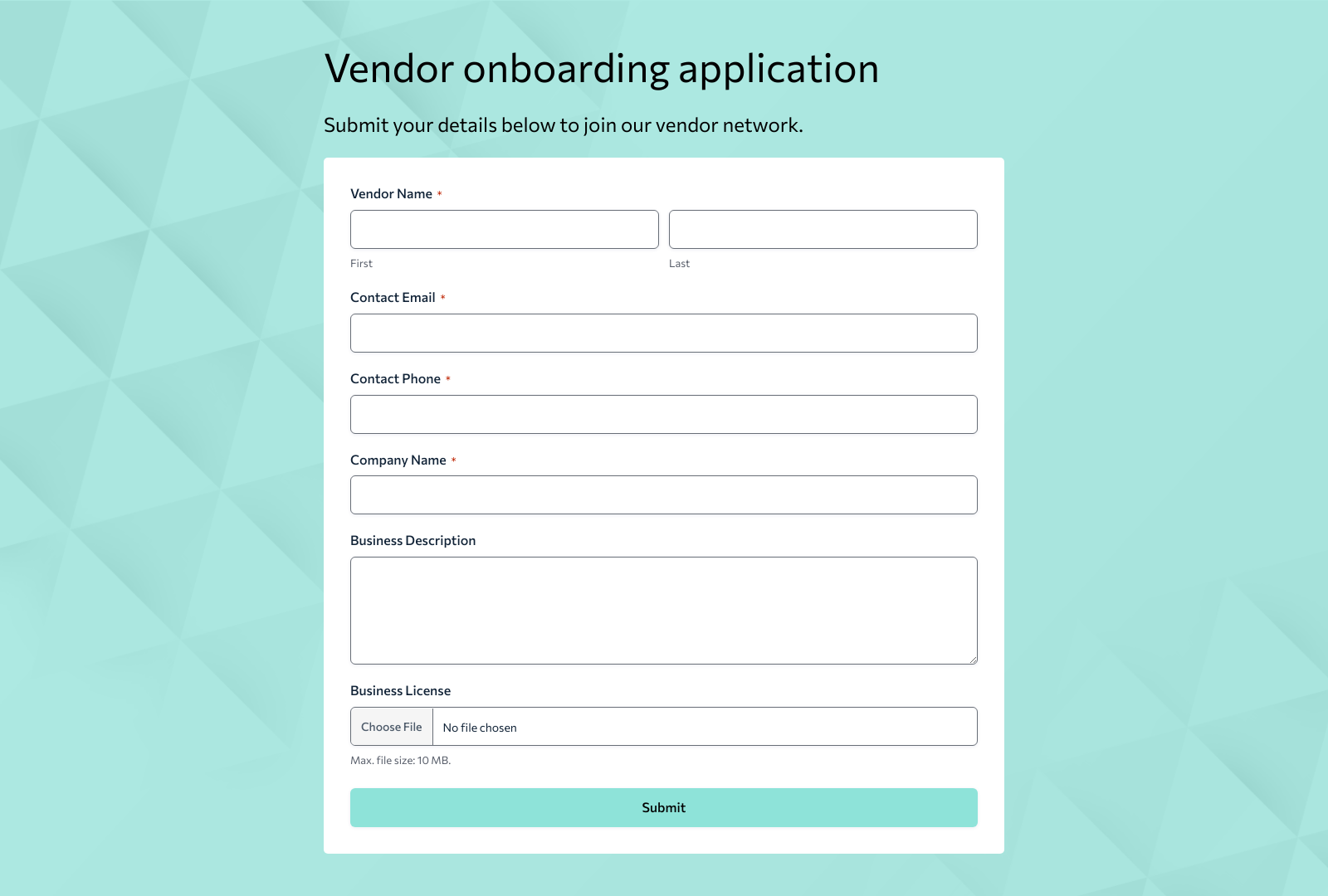 Vendor Onboarding Application Form with fields for vendor details, company info, and submission button.