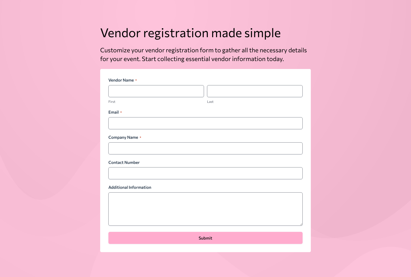Vendor Registration Form Template with fields for vendor contact details and submission button.