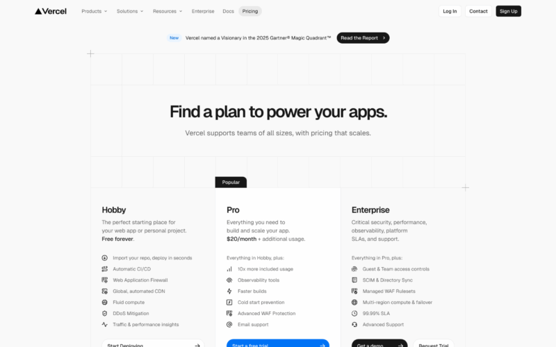 Vercel Pricing Landing Page Example