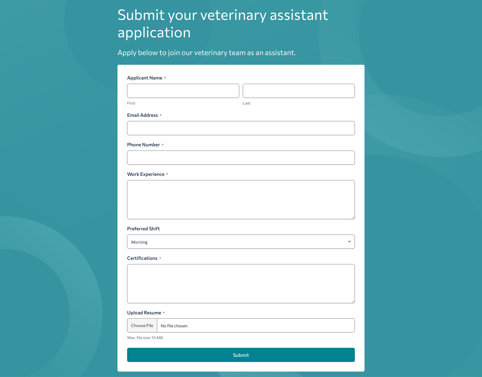 Veterinary Assistant Job Application Form Template with fields for applicant details and submission button.