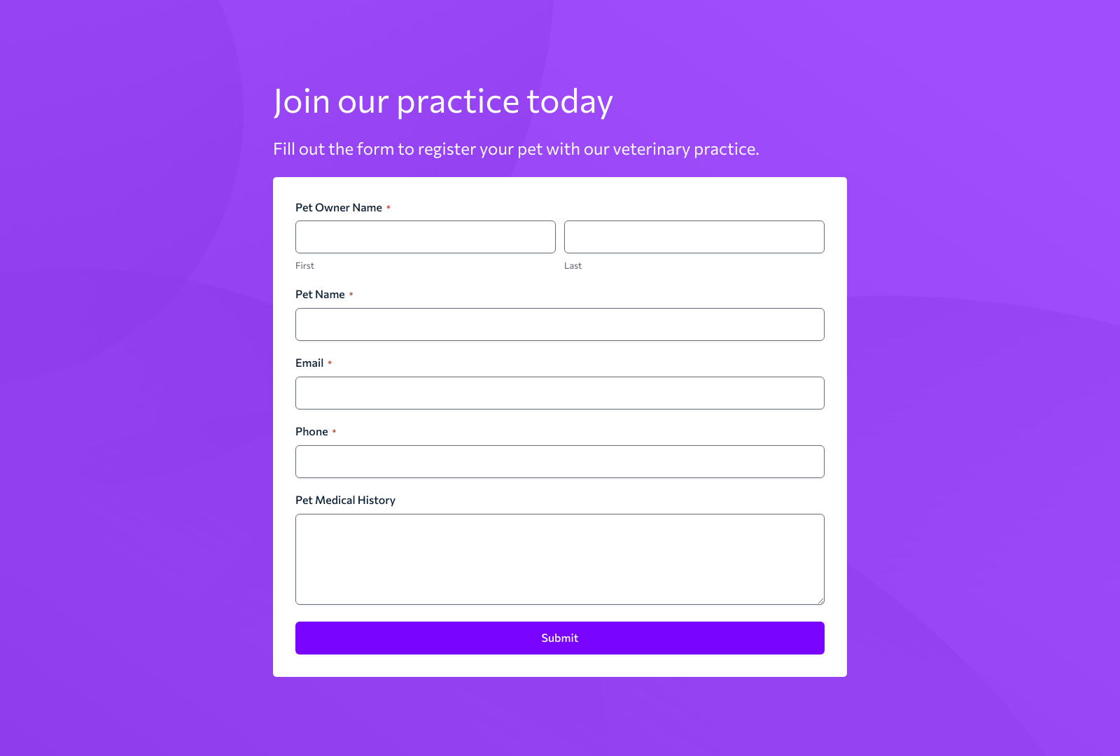 Veterinary New Client Form Template with fields for pet details and client information.