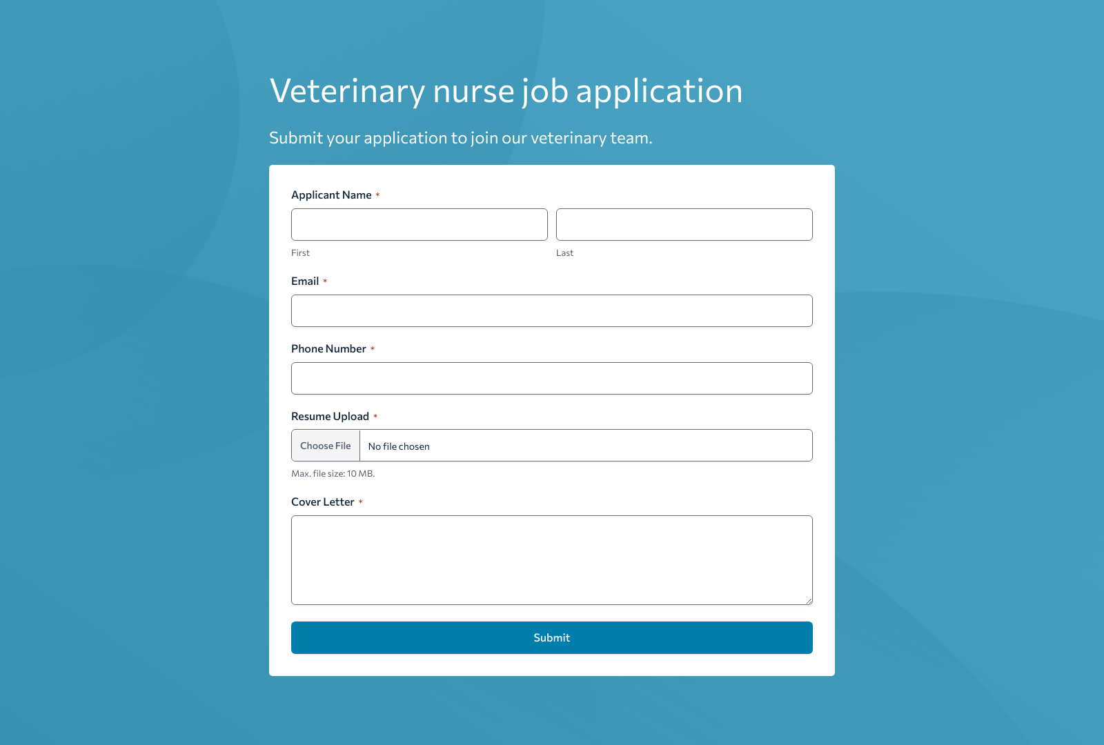 Veterinary Nurse Job Application Form Template with fields for personal info, experience, and references.