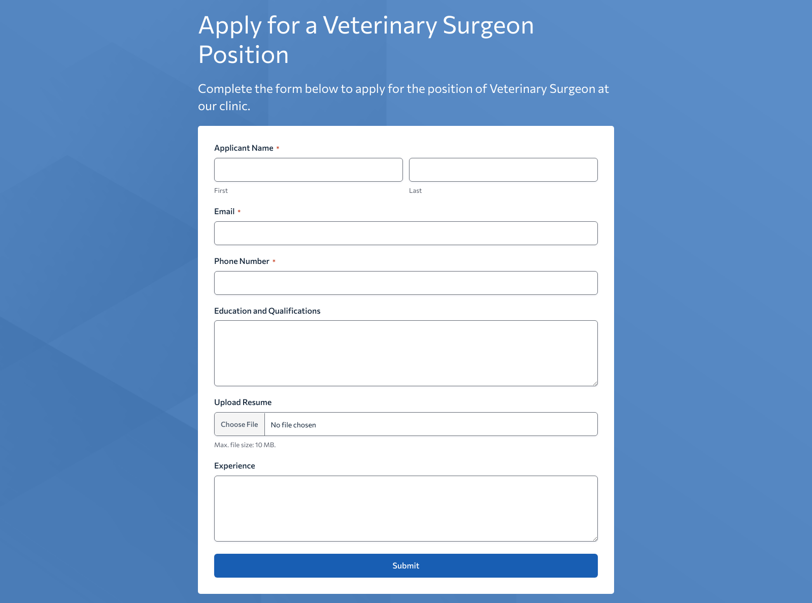 Veterinary Surgeon Job Application Form Template with fields for applicant details and submission button.