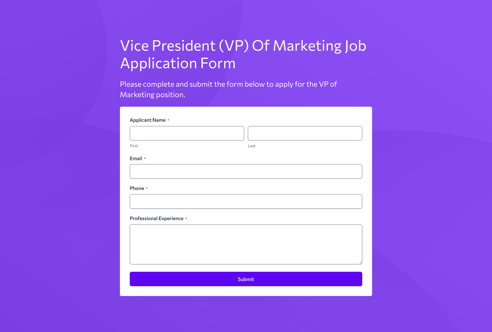 Vice President of Marketing Job Application Form Template with fields for personal details, experience, and qualifications.