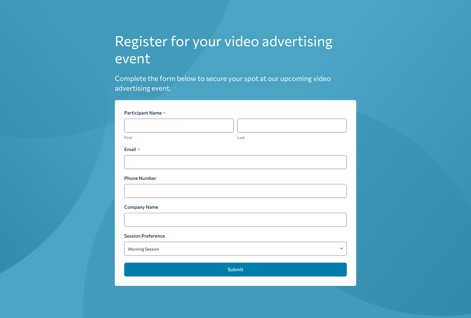 Video Advertising Event Registration Form Template with fields for attendee details and submit button.