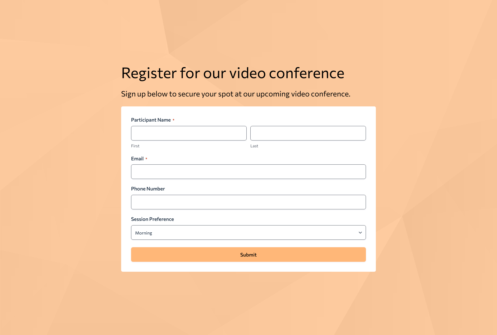 Video Conference Registration Form Template with fields for attendee name, email, and registration button.