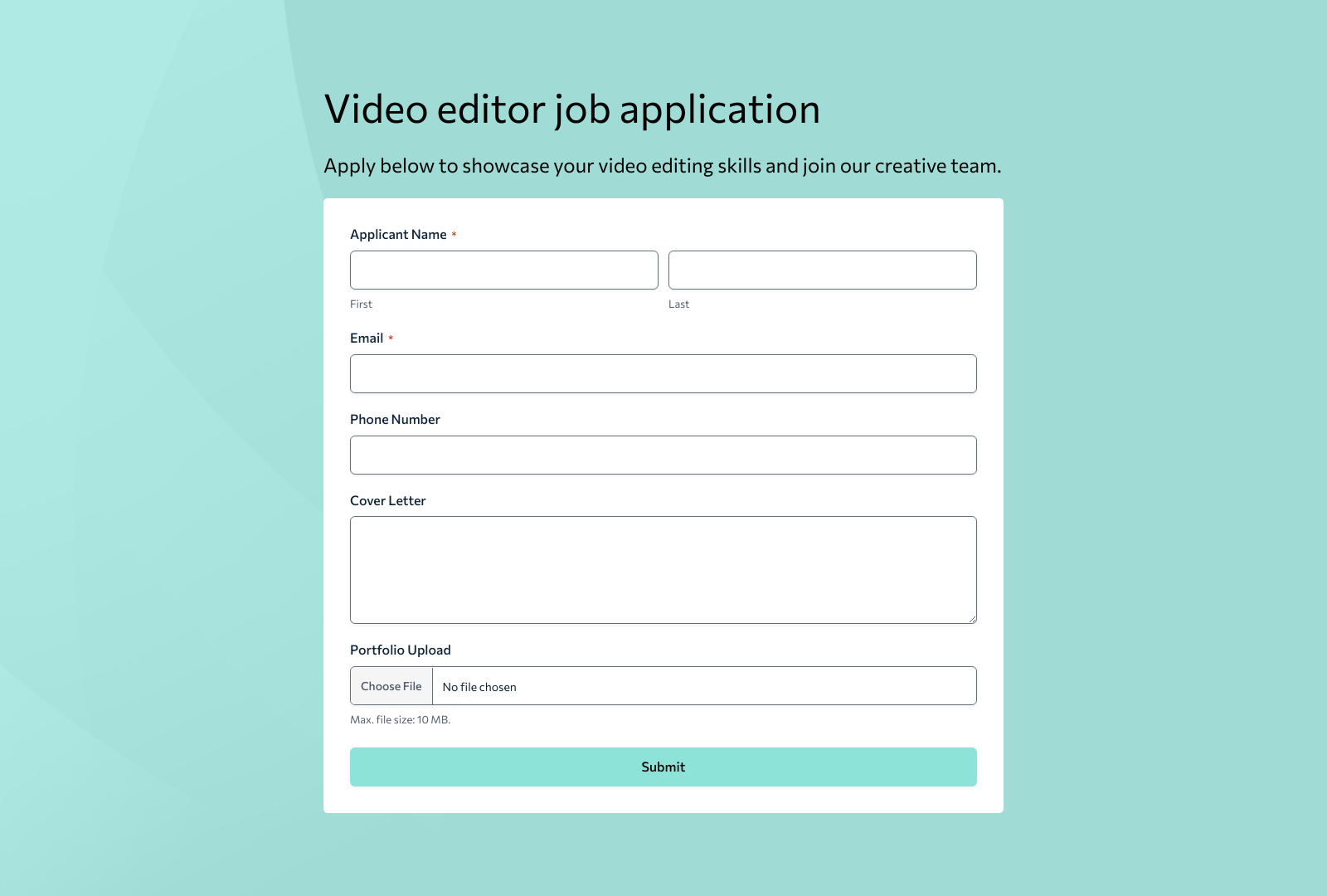 Video Editor Job Application Form Template with fields for personal info, experience, and skills.