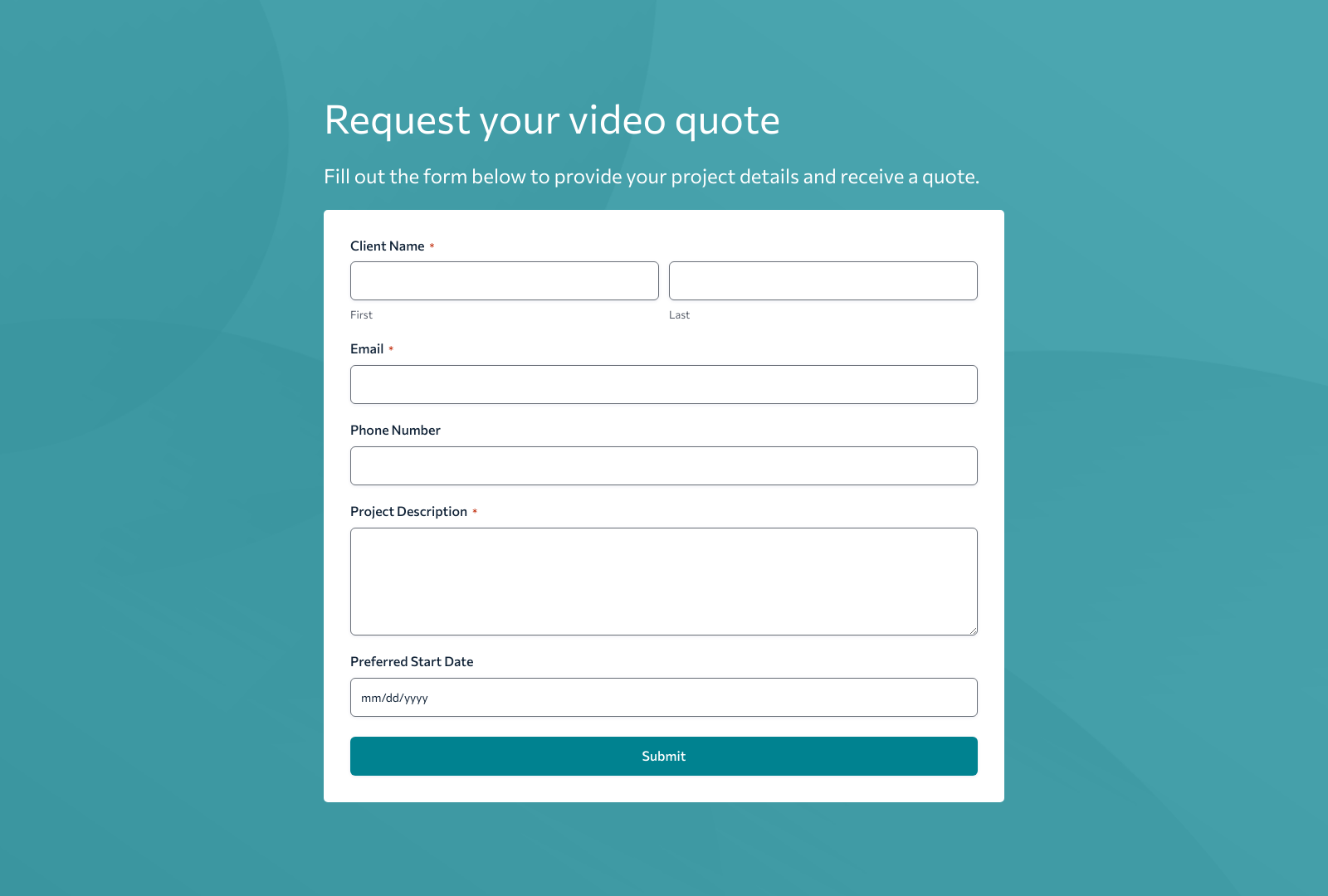 Video Production Quote Form showing fields for client details and project goals.
