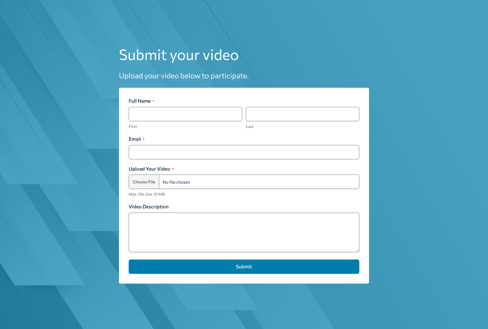 Video Upload Form Template with fields for video title, description, and upload button.