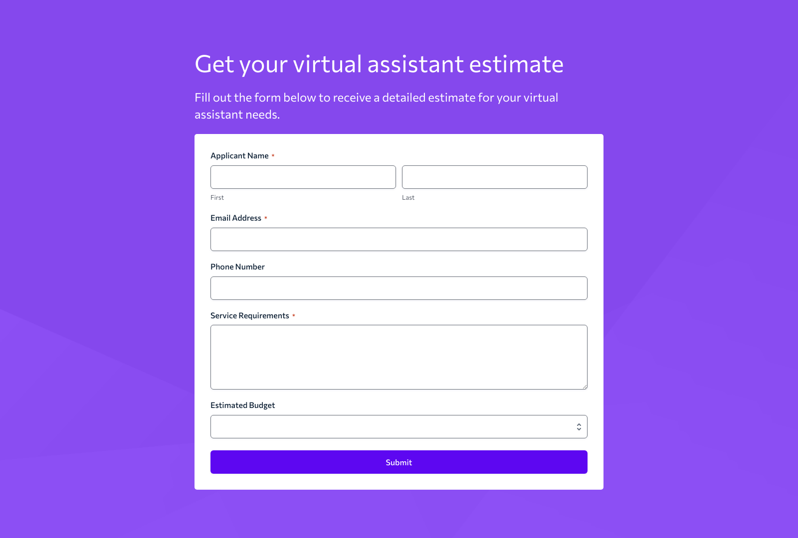 Virtual Assistant Estimate Form Template showing fields for service details, rates, and contact information.