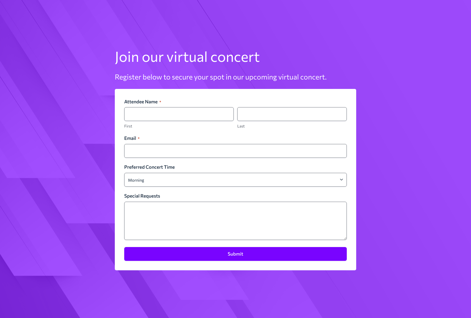 Virtual Concert Registration Form Template with fields for name, email, and preferences.