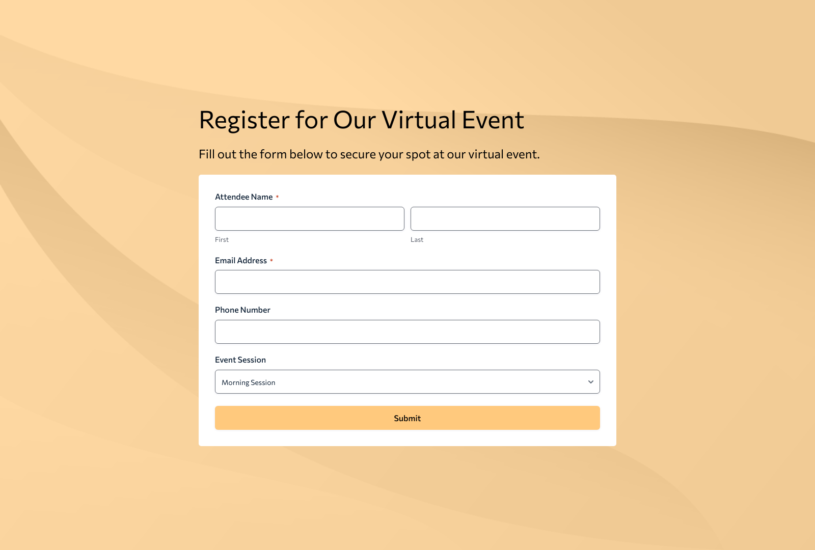 Virtual Event Registration Form Template with fields for name, email, and event preferences.