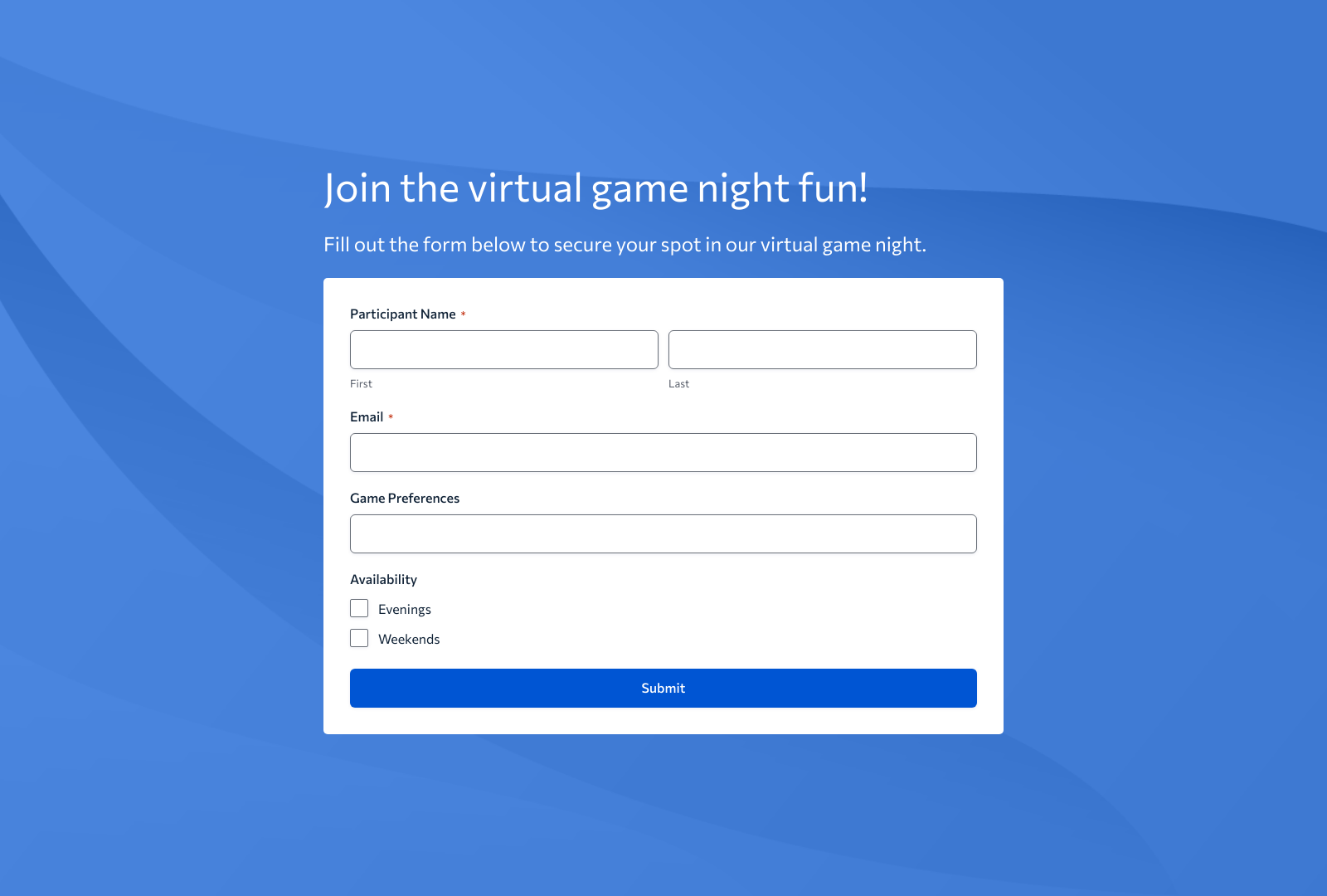Virtual Game Night Registration Form Template with fields for name, email, and game preferences.